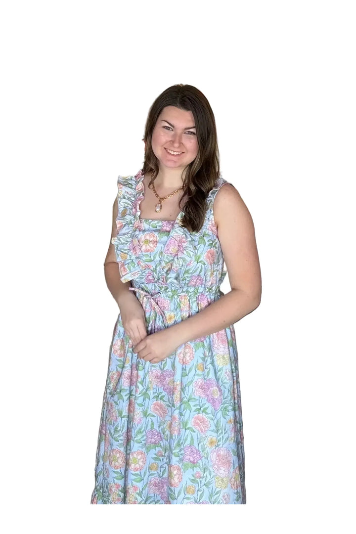 In February Sky Blue Blooming Floral Ruffled Cotton Maxi Dress with Pockets - Vintage Dragonfly Boutique