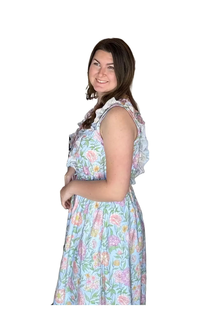In February Sky Blue Blooming Floral Ruffled Cotton Maxi Dress with Pockets - Vintage Dragonfly Boutique