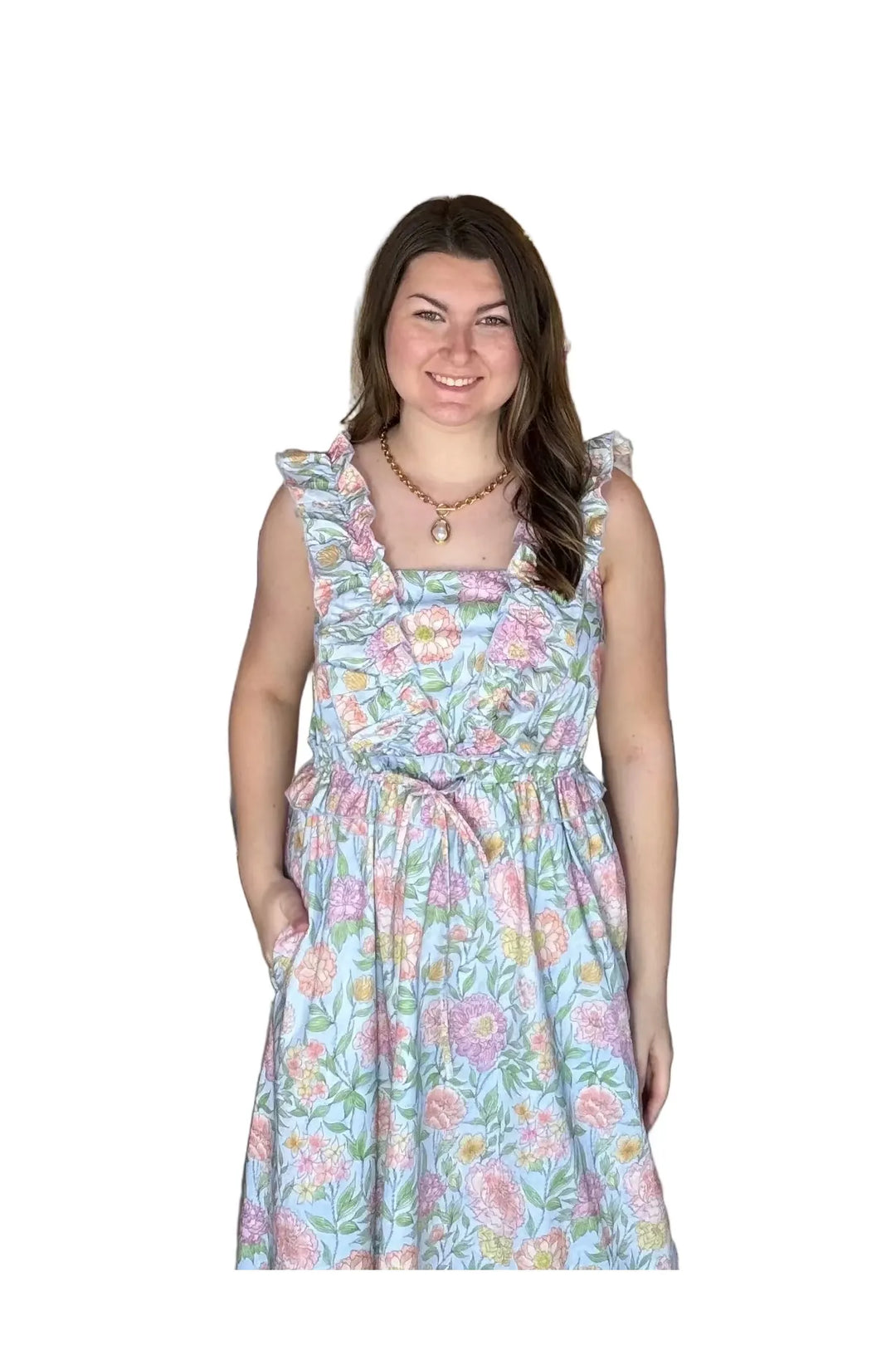 In February Sky Blue Blooming Floral Ruffled Cotton Maxi Dress with Pockets - Vintage Dragonfly Boutique