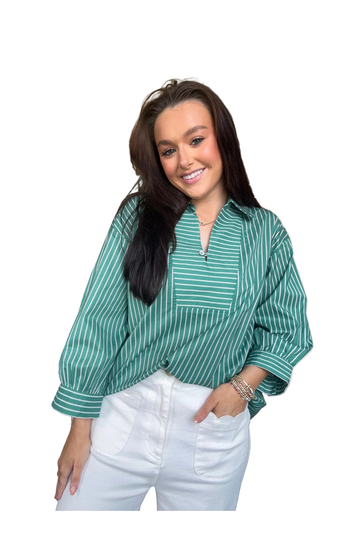 Entro Green Striped Split-Neck Tunic Top - Vintage Dragonfly Boutique