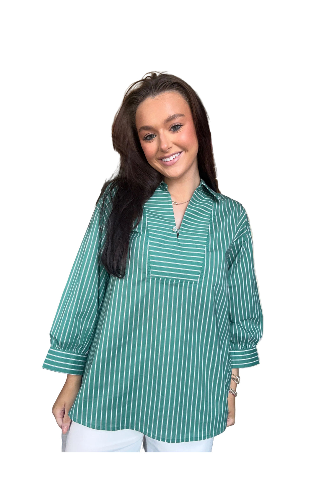Entro Green Striped Split-Neck Tunic Top - Vintage Dragonfly Boutique