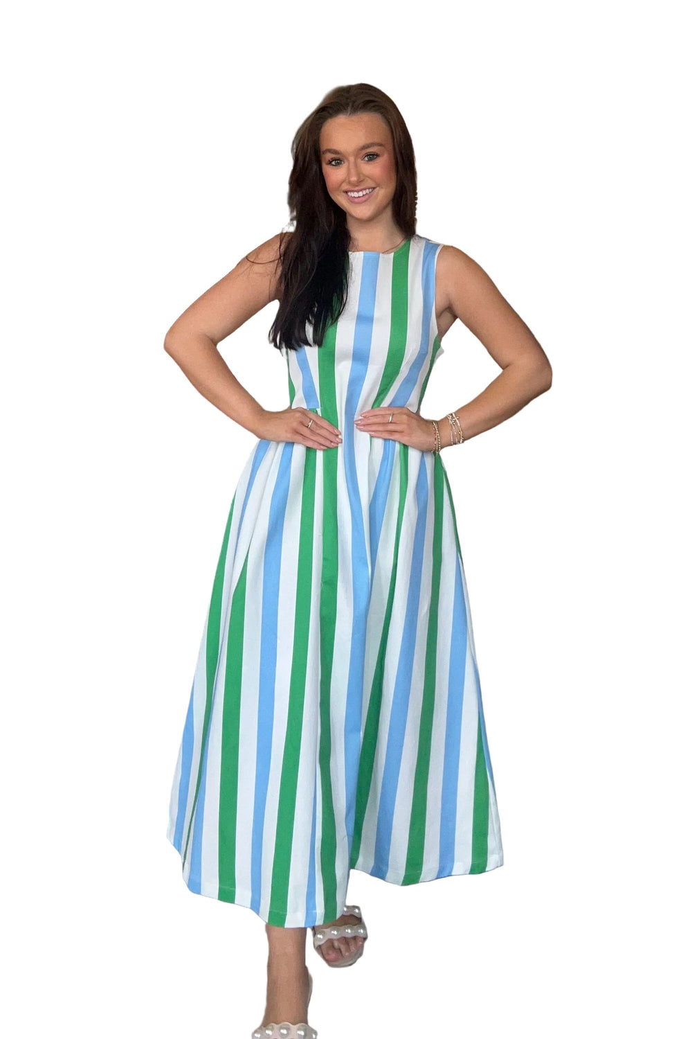 Entro Sleeveless Vertical Stripe Midi Dress in Blue & Green - Vintage Dragonfly Boutique
