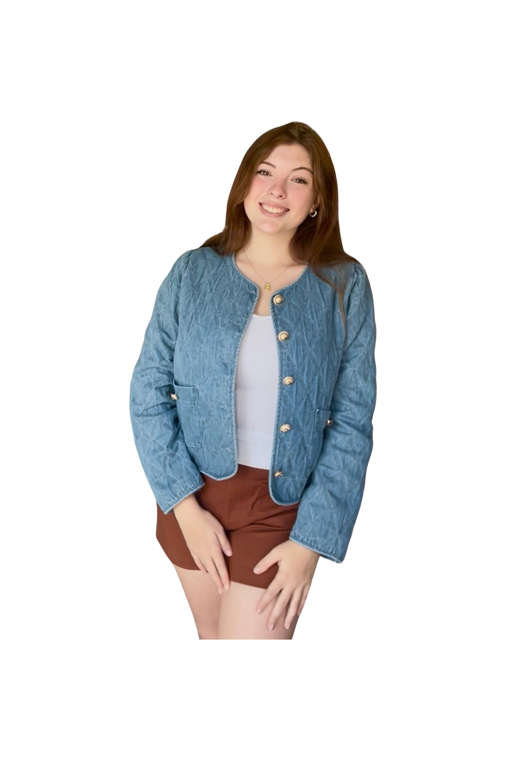 Woman wearing a blue denim jacket on a white background