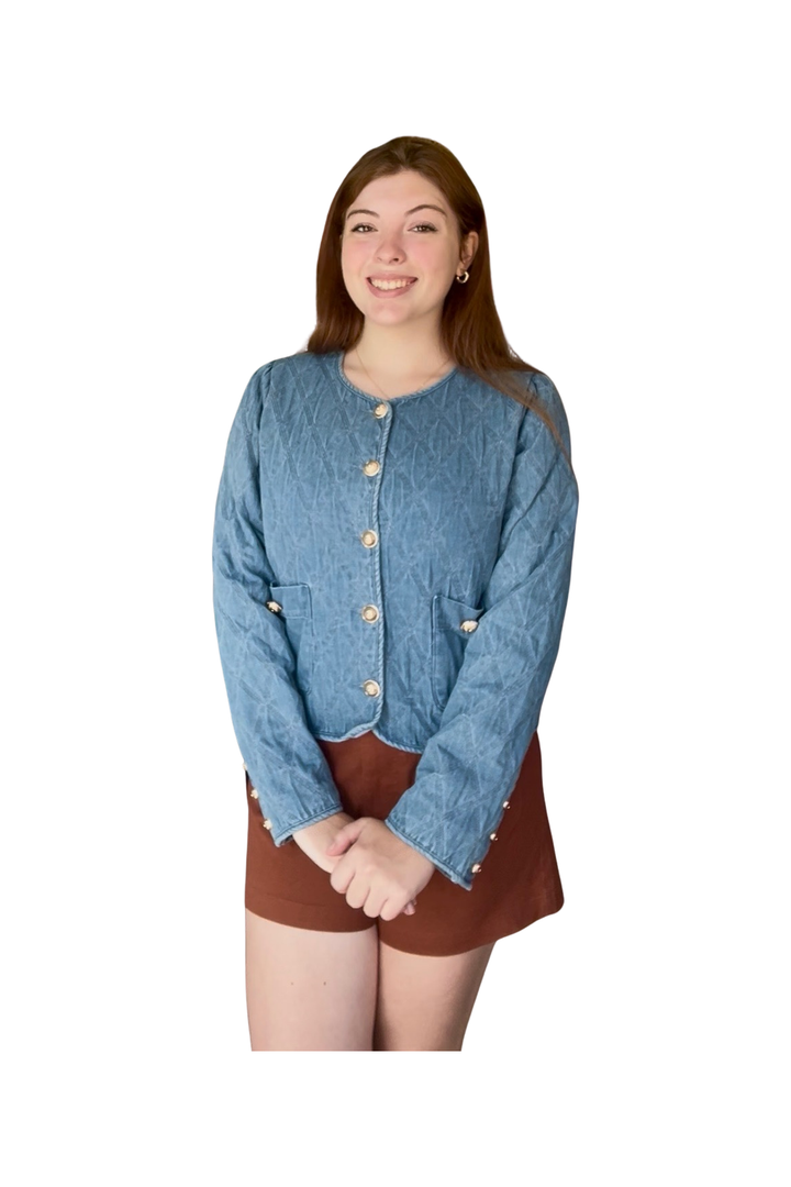 Quilted Light Wash Button-Up Denim Jacket by Entro