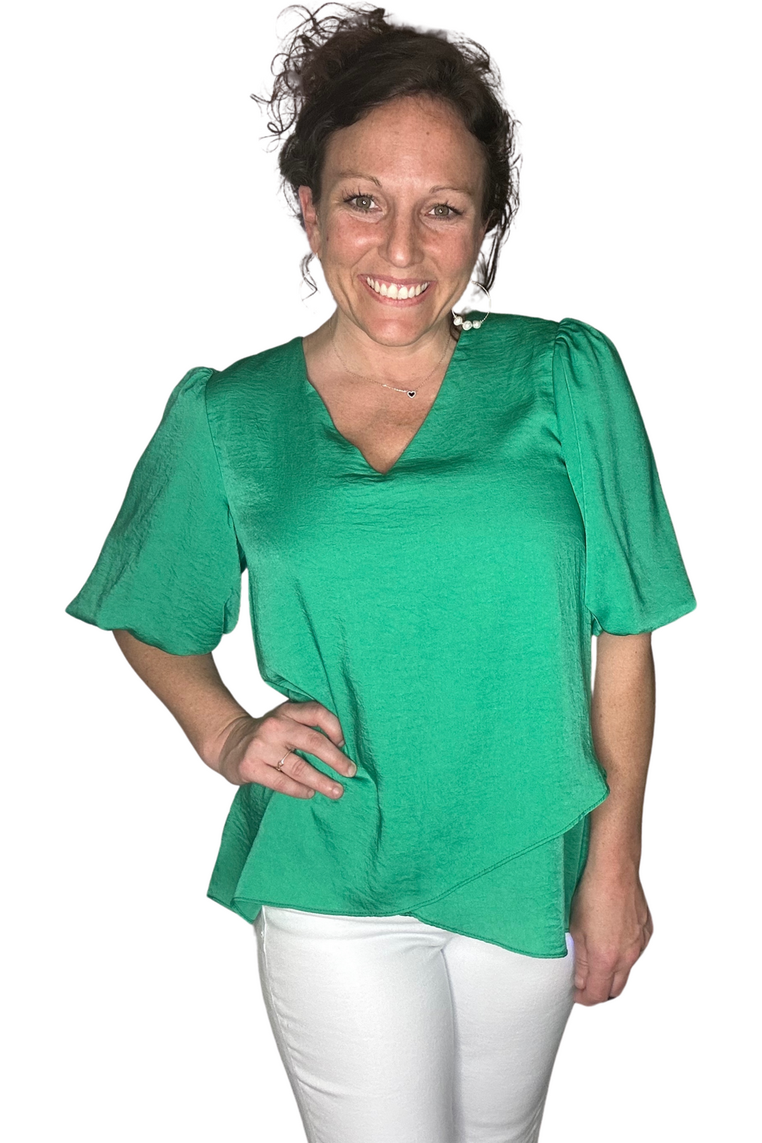 Entro Green Short Puff Sleeve Top - Vintage Dragonfly Boutique