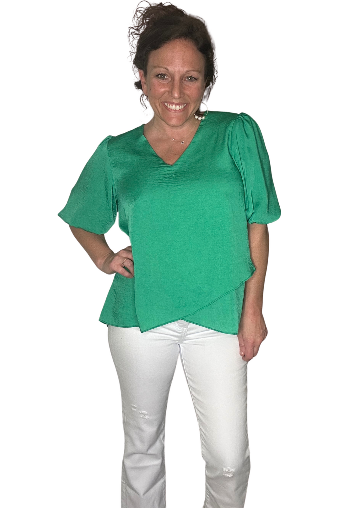 Entro Green Short Puff Sleeve Top - Vintage Dragonfly Boutique