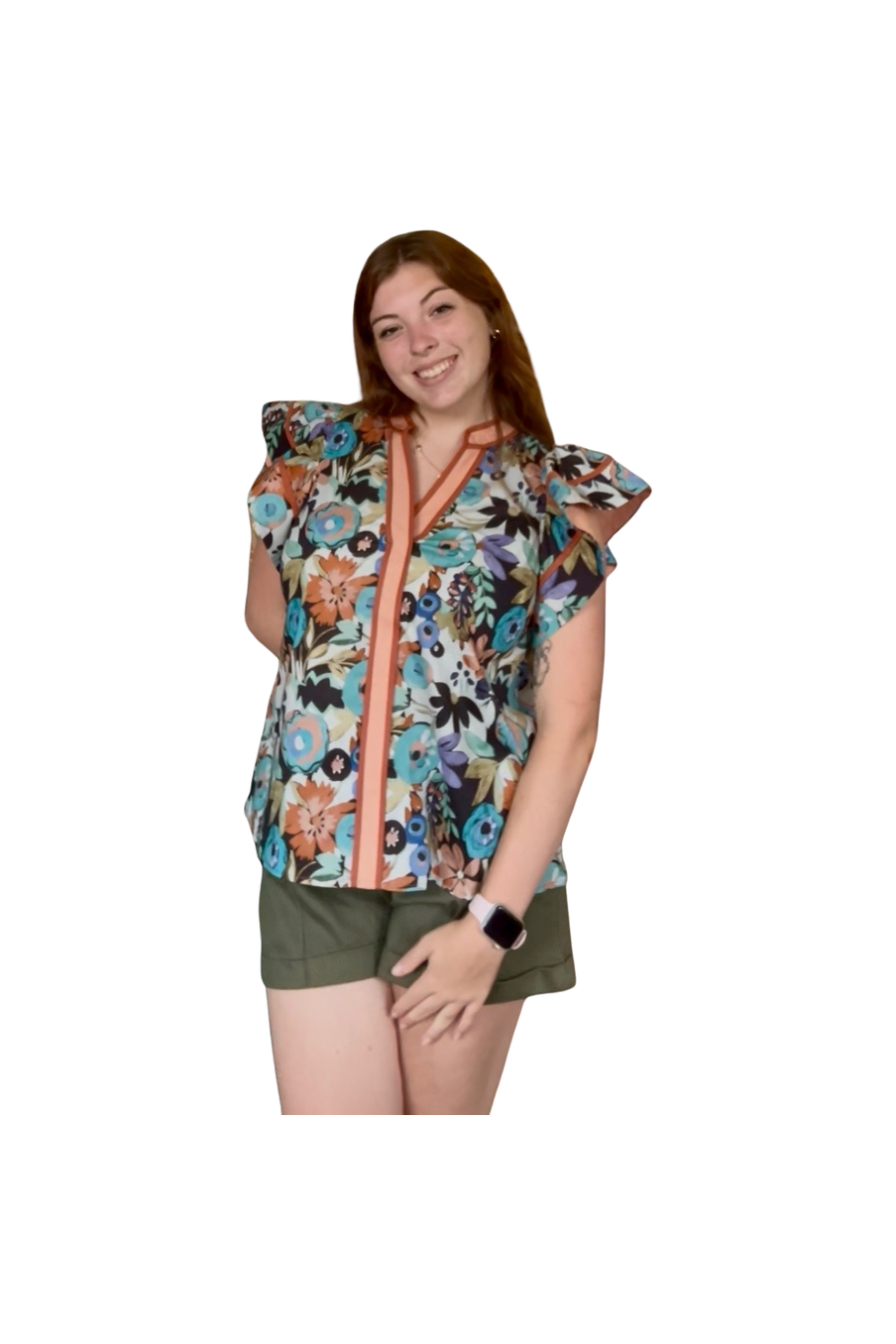 Entro Cinnamon Mix Floral Pattern Flutter Sleeve Top - Vintage Dragonfly Boutique