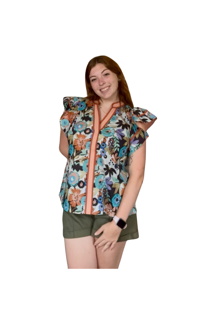 Entro Cinnamon Mix Floral Pattern Flutter Sleeve Top - Vintage Dragonfly Boutique