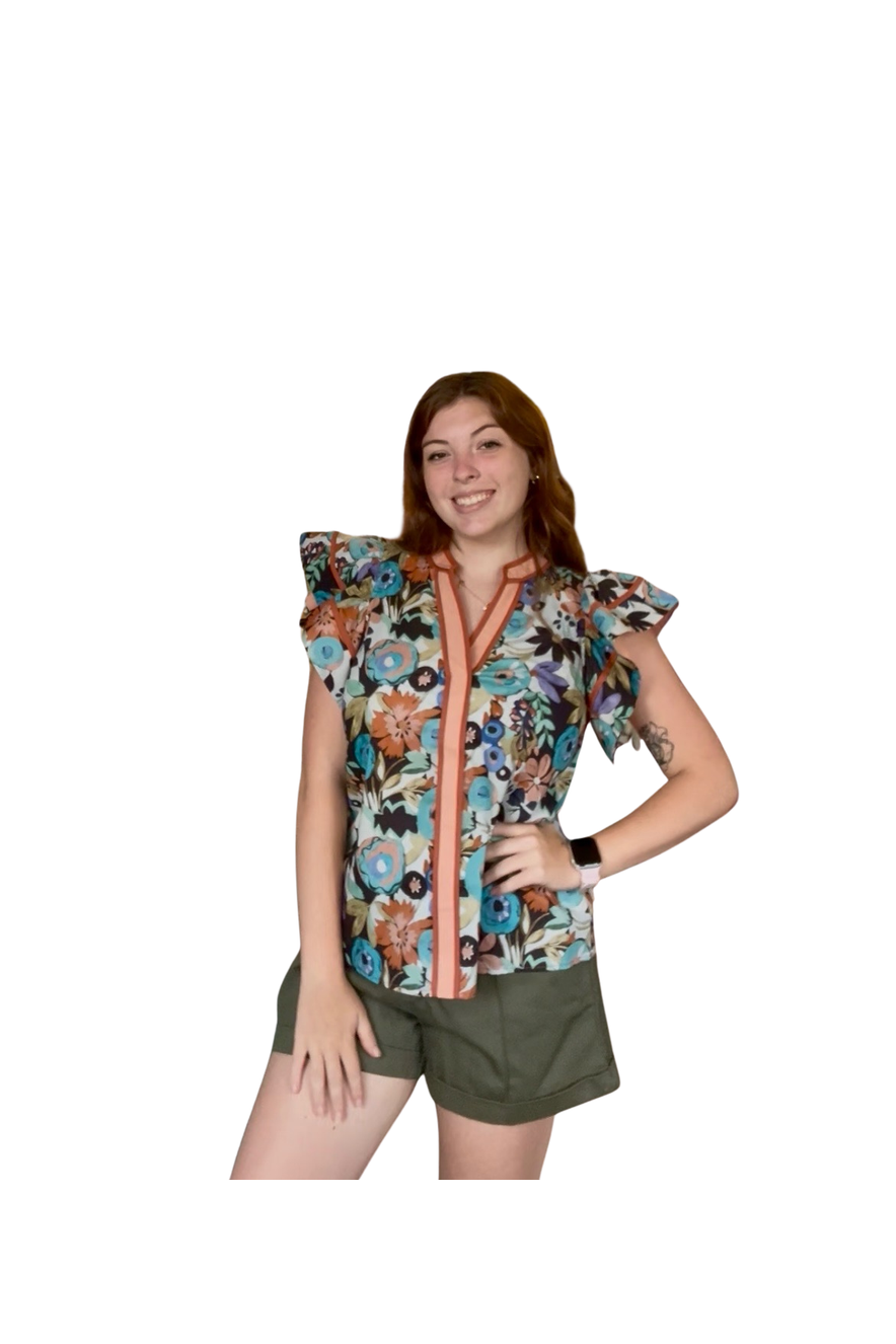 Entro Cinnamon Mix Floral Pattern Flutter Sleeve Top - Vintage Dragonfly Boutique