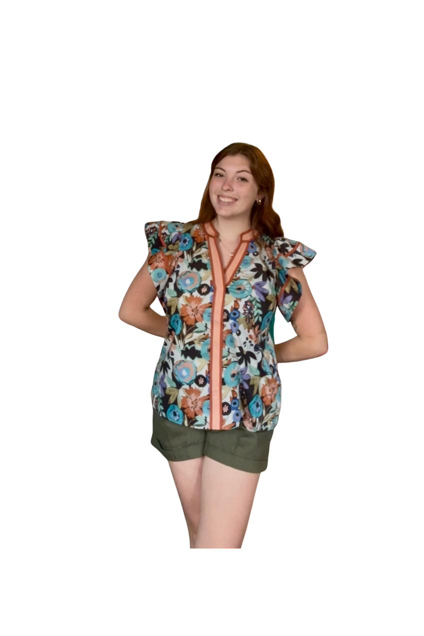 Entro Cinnamon Mix Floral Pattern Flutter Sleeve Top - Vintage Dragonfly Boutique