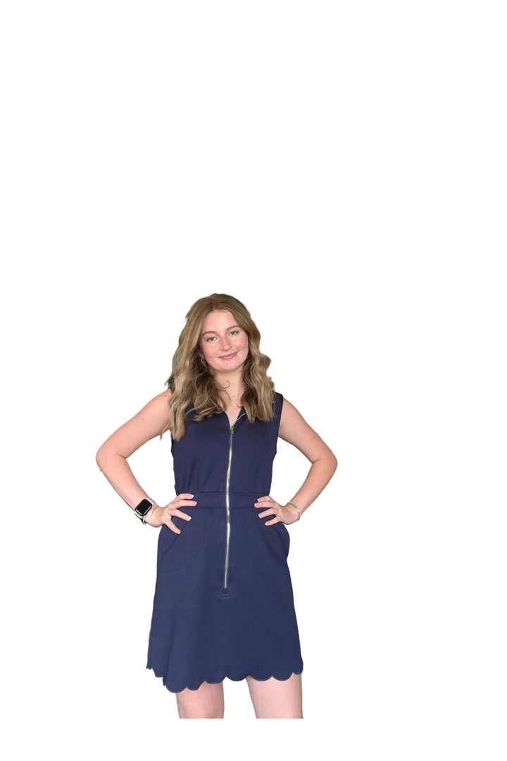 Entro Navy Zip Front Sleeveless Scalloped Hem Dress - Vintage Dragonfly Boutique