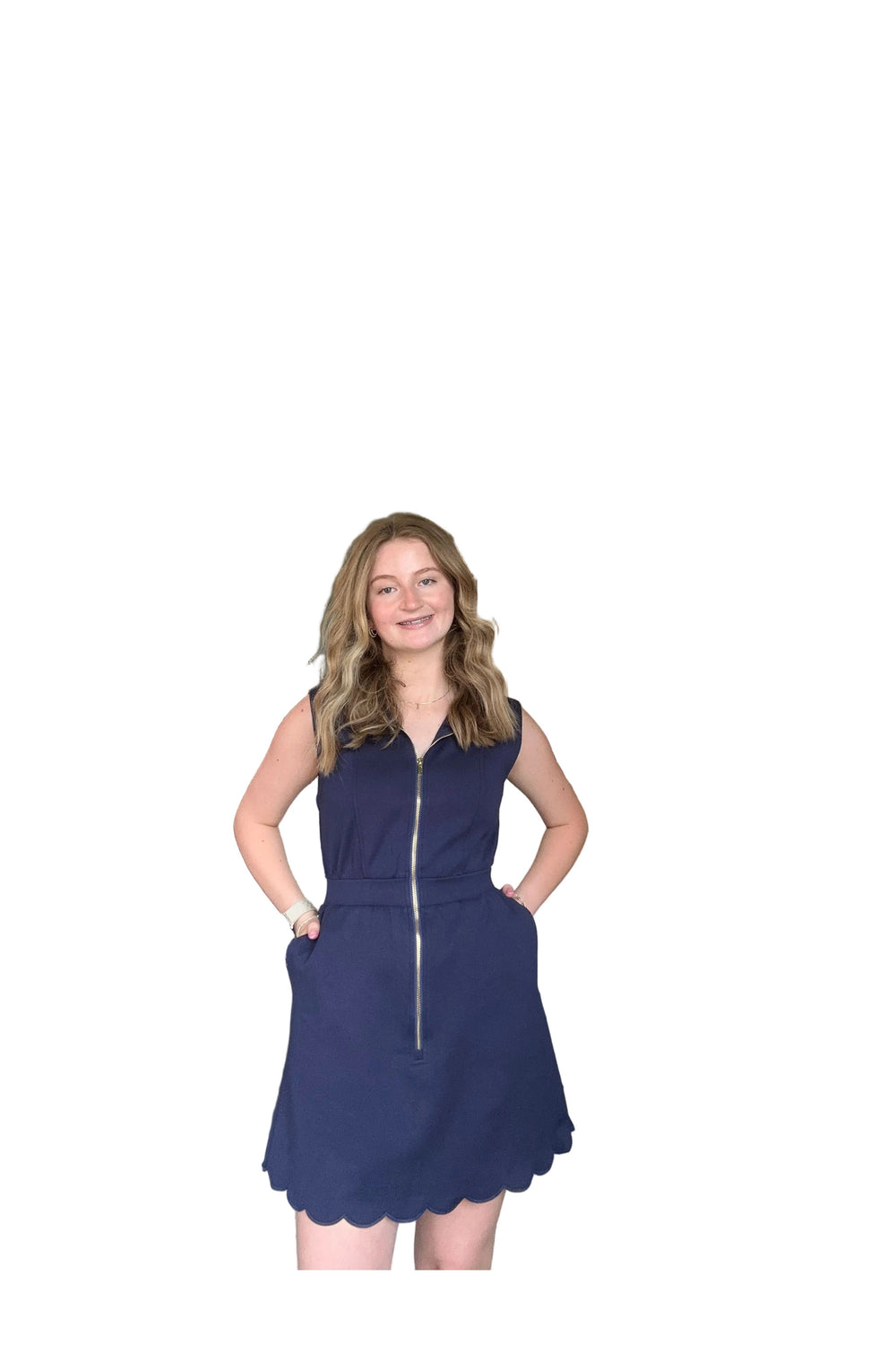 Entro Navy Zip Front Sleeveless Scalloped Hem Dress - Vintage Dragonfly Boutique