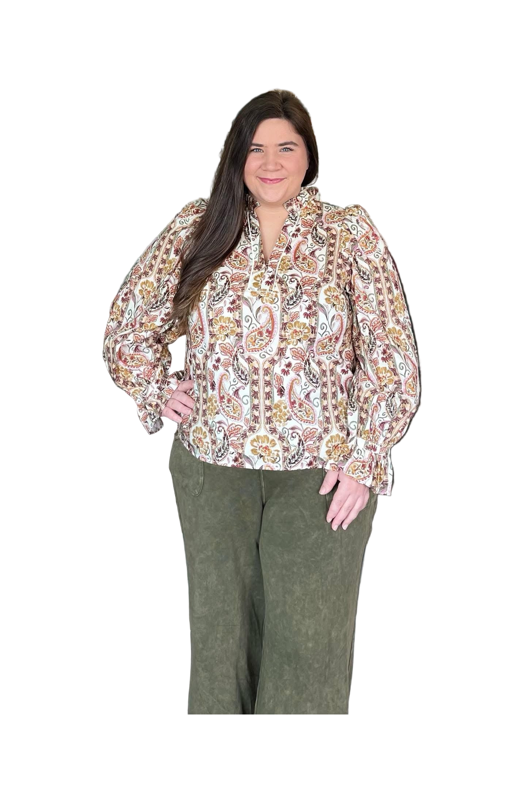 Entro Ecru Paisley Ruffle Neck Long Sleeve Top | Feminine Boho Chic Blouse