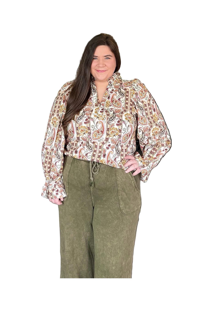 Entro Ecru Paisley Ruffle Neck Long Sleeve Top | Feminine Boho Chic Blouse