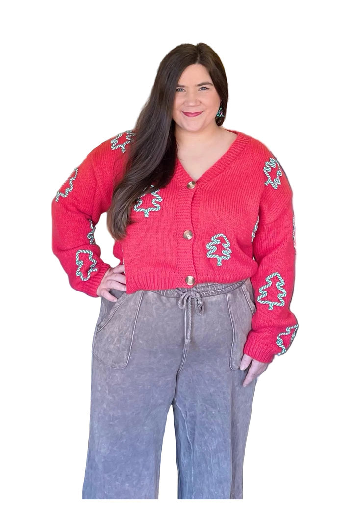 V-Neck Tree Embossed Cardigan – Bulky Knit Button-Front Sweater by Annie Wear