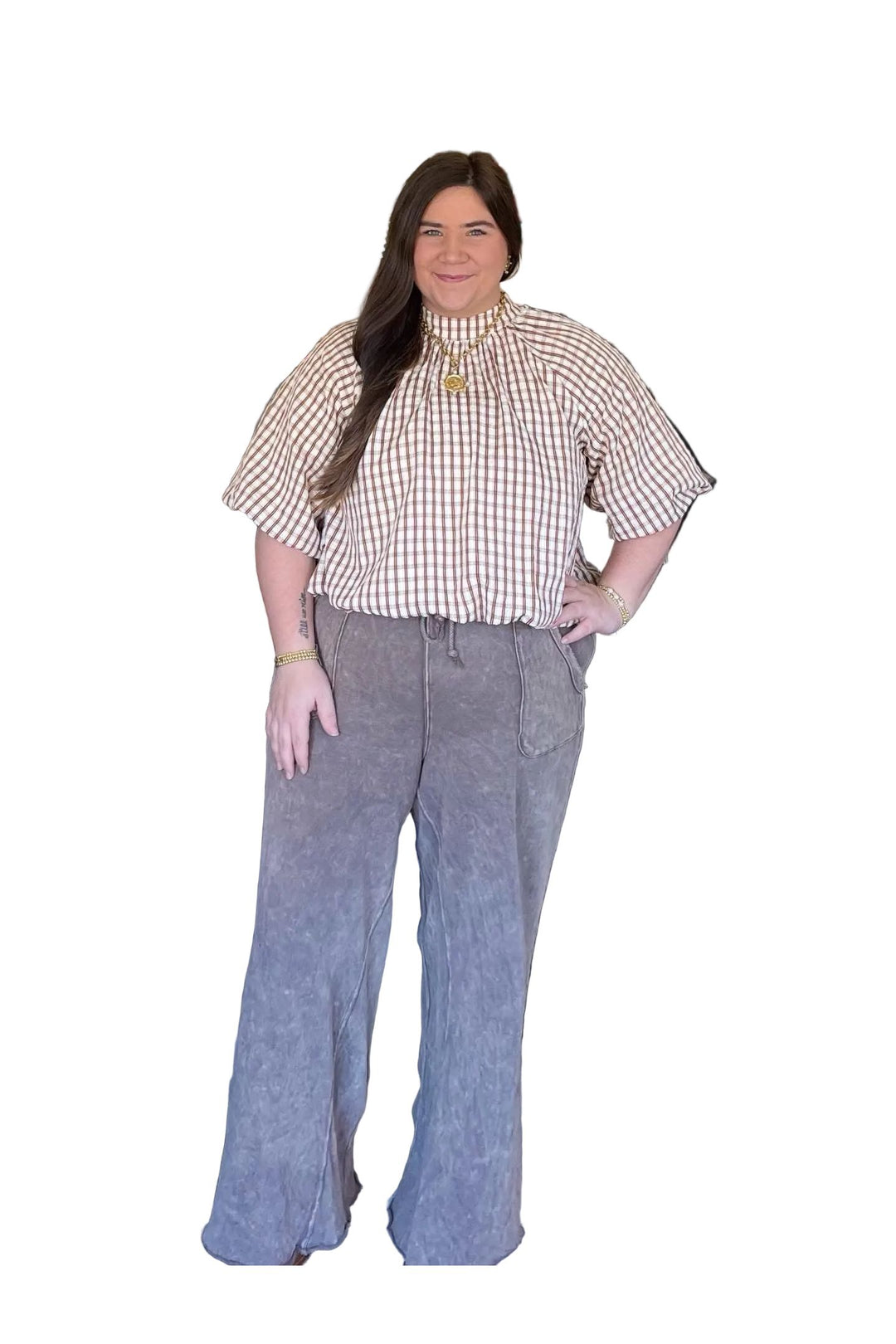 Annie Wear Checkered Bowtie Back Bubble Hem Blouse – Flowy Feminine Short Sleeve Top