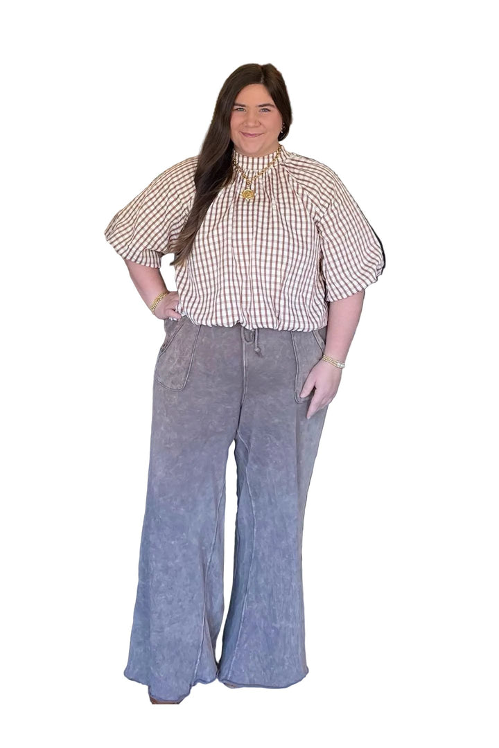 Annie Wear Checkered Bowtie Back Bubble Hem Blouse – Flowy Feminine Short Sleeve Top