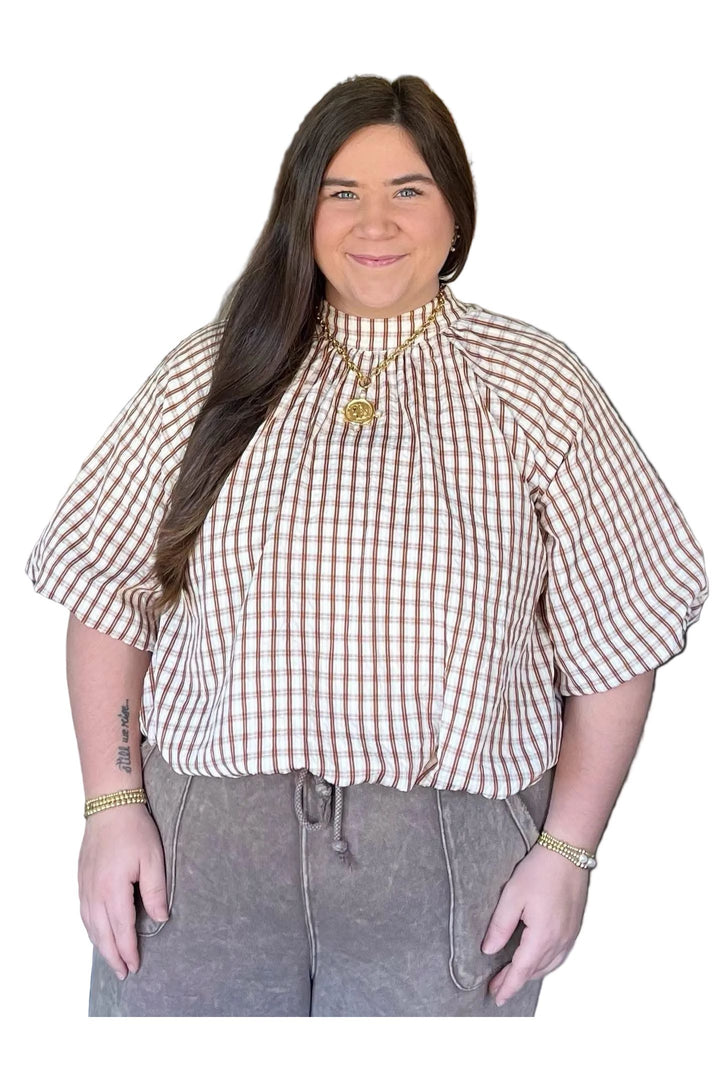 Annie Wear Checkered Bowtie Back Bubble Hem Blouse – Flowy Feminine Short Sleeve Top