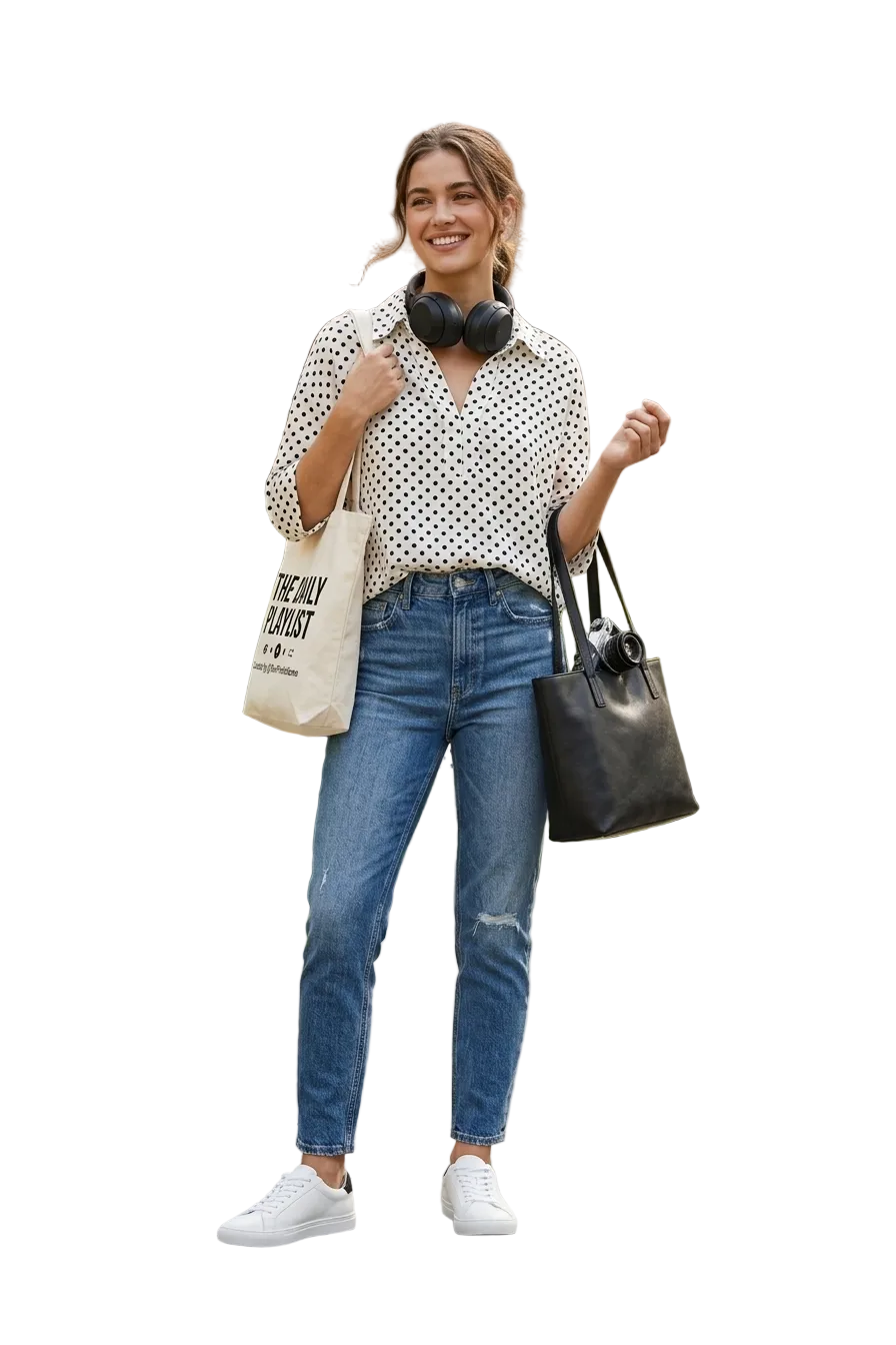 Entro White &amp; Black Polka Dot Collared Top – Classic Chic Blouse - Vintage Dragonfly Boutique