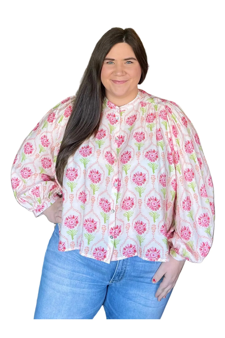 Cream Coral Pink & Green Patterned Button-Front Top | Entro Boutique Blouse - Vintage Dragonfly Boutique