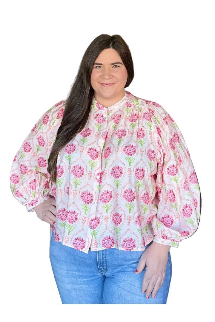 Cream Coral Pink & Green Patterned Button-Front Top | Entro Boutique Blouse - Vintage Dragonfly Boutique