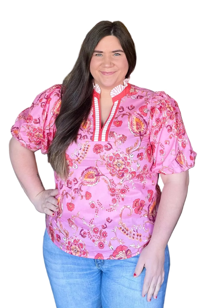 Entro Pink Floral Puff Sleeve Blouse – Feminine Lightweight Top with Vintage Vibes - Vintage Dragonfly Boutique