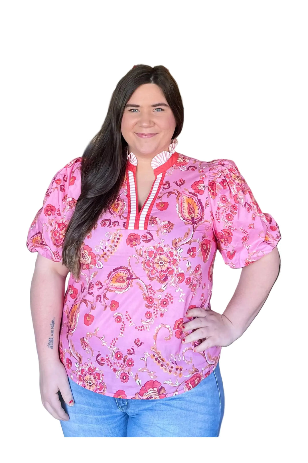Entro Pink Floral Puff Sleeve Blouse – Feminine Lightweight Top with Vintage Vibes - Vintage Dragonfly Boutique