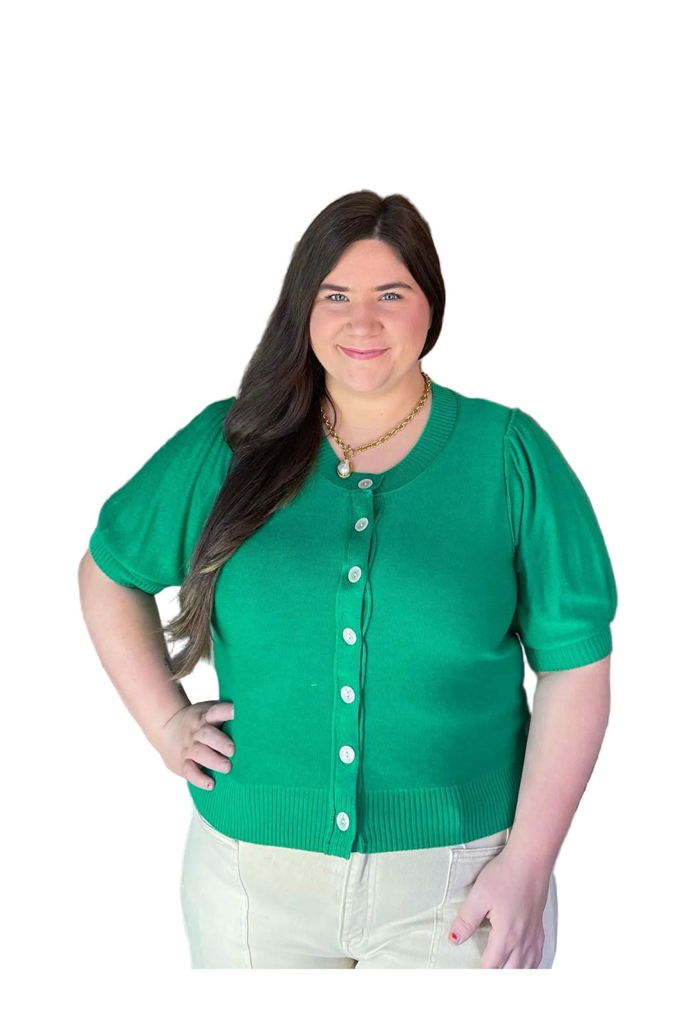 Green Puff Sleeve Button Front Cardigan – Entro - Vintage Dragonfly Boutique