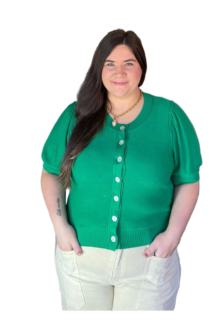 Green Puff Sleeve Button Front Cardigan – Entro - Vintage Dragonfly Boutique