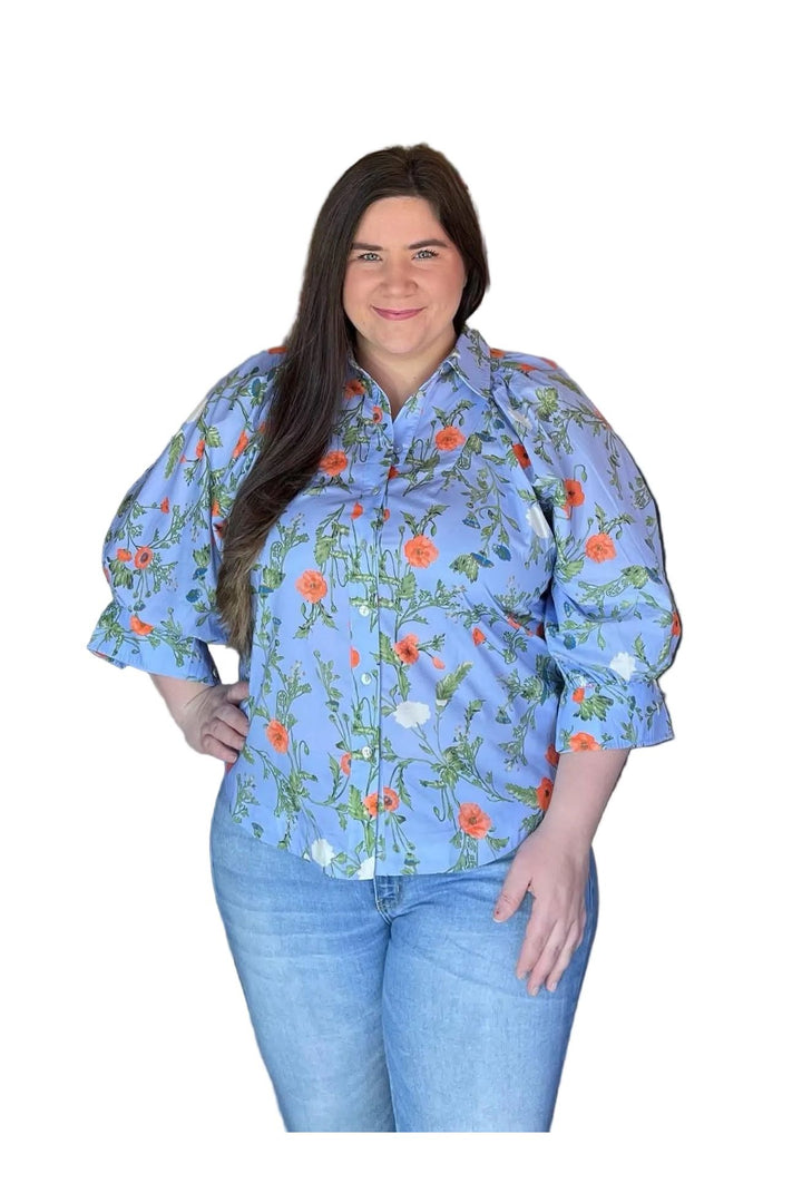 Blue Floral Button-Front Blouse with Puff Sleeves by Entro - Vintage Dragonfly Boutique