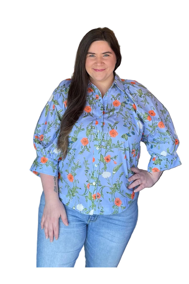 Blue Floral Button-Front Blouse with Puff Sleeves by Entro - Vintage Dragonfly Boutique