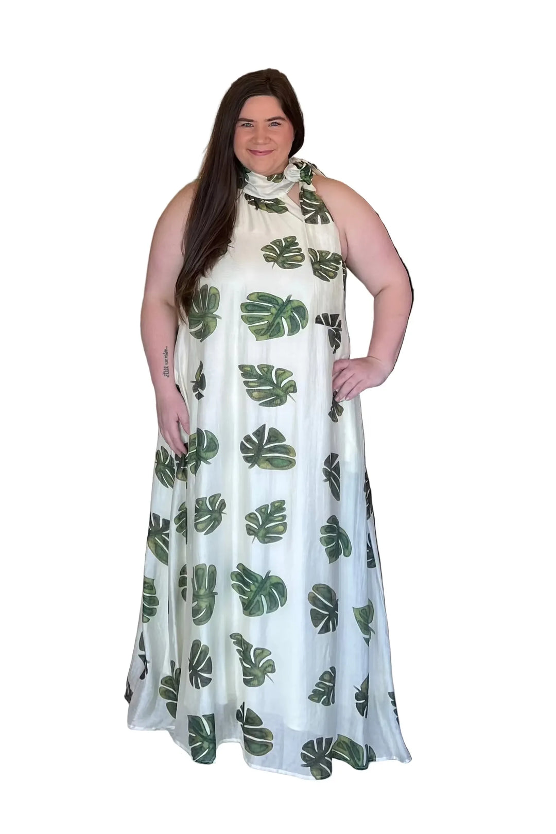 Cream Leaf Print Maxi Dress with Halter Tie Neck | Entro Boutique Dress - Vintage Dragonfly Boutique