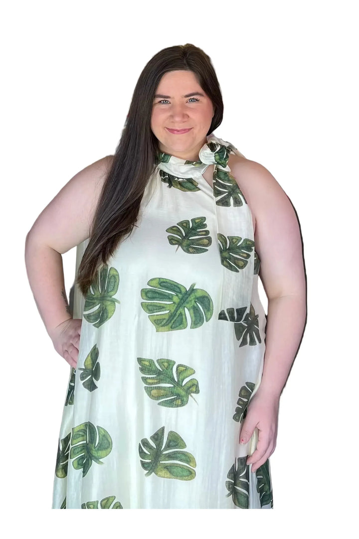 Cream Leaf Print Maxi Dress with Halter Tie Neck | Entro Boutique Dress - Vintage Dragonfly Boutique