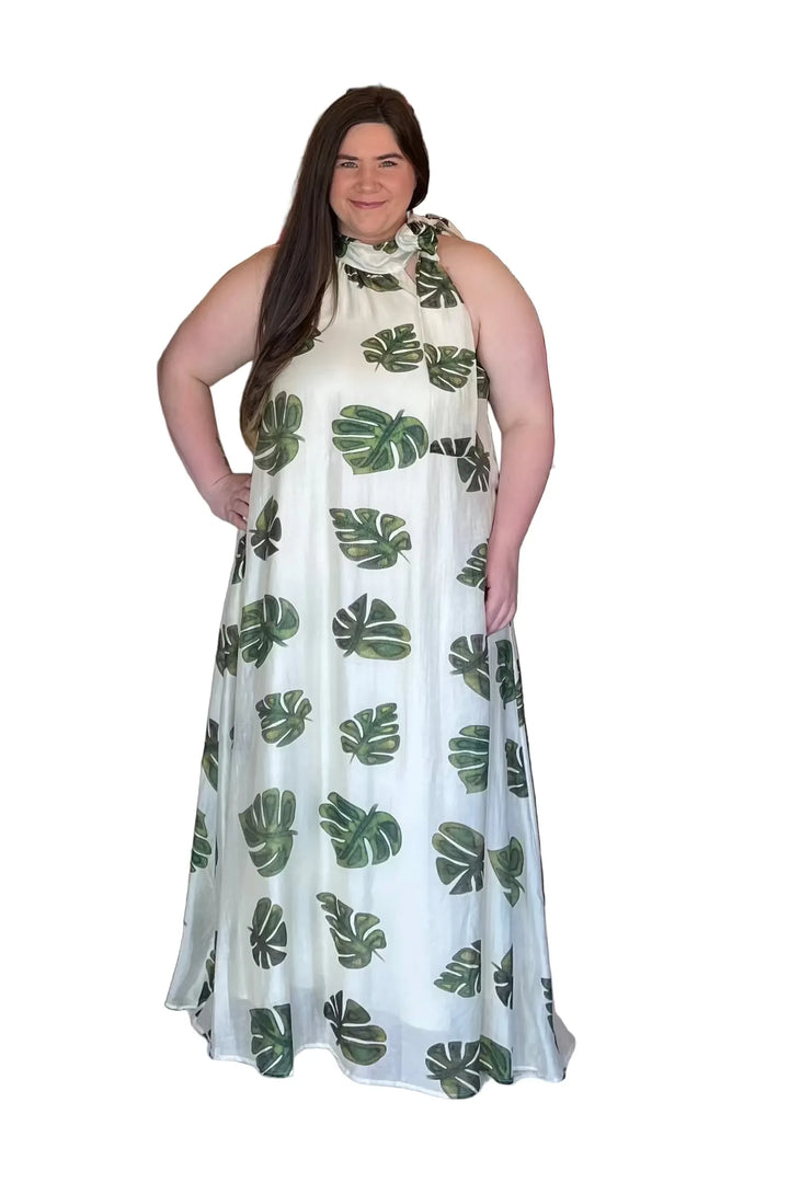 Cream Leaf Print Maxi Dress with Halter Tie Neck | Entro Boutique Dress - Vintage Dragonfly Boutique