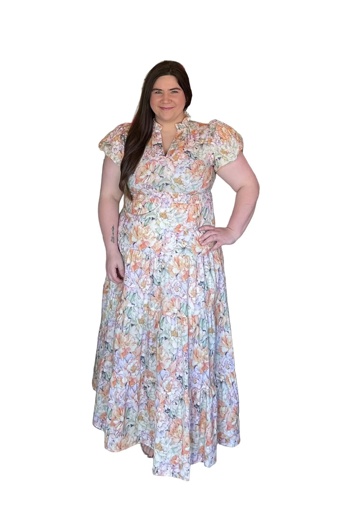 Entro Cream Floral Mix  Bubble Sleeve Tiered Midi Dress - Vintage Dragonfly Boutique