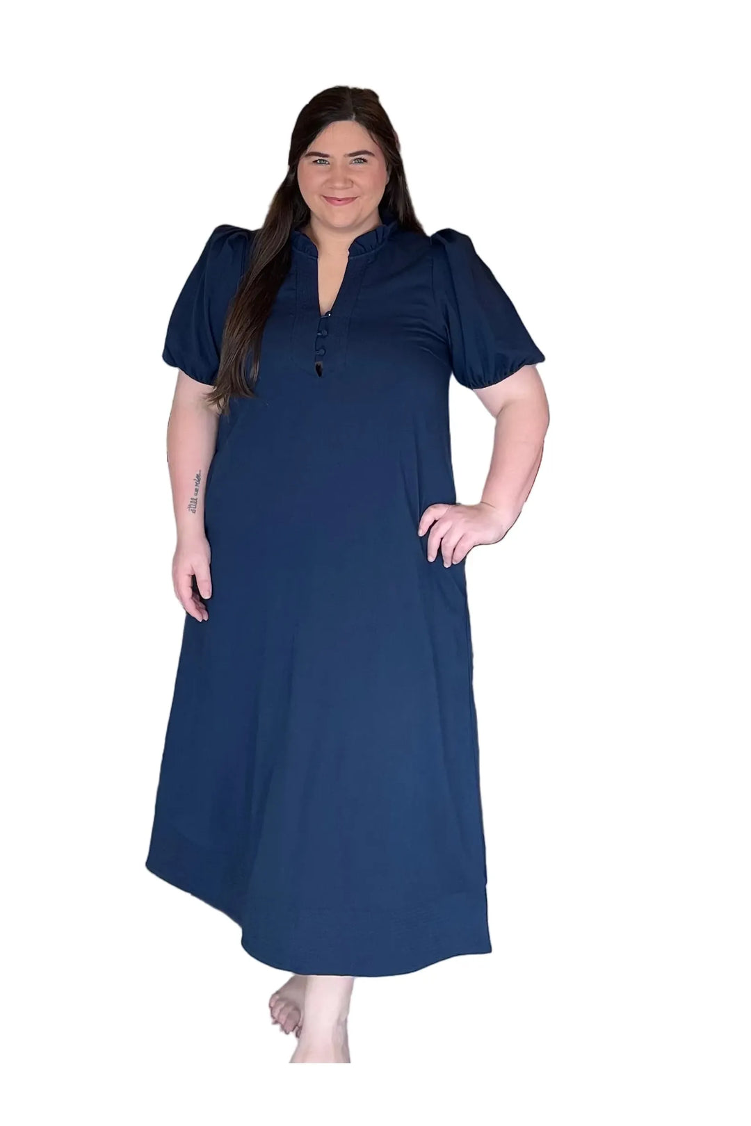 Navy Midi Dress with Puff Sleeves by Entro - Vintage Dragonfly Boutique