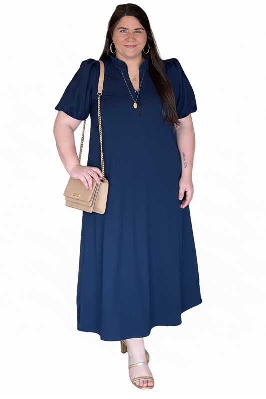 Navy Midi Dress with Puff Sleeves by Entro - Vintage Dragonfly Boutique