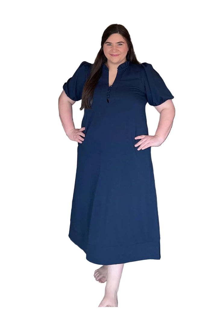 Navy Midi Dress with Puff Sleeves by Entro - Vintage Dragonfly Boutique