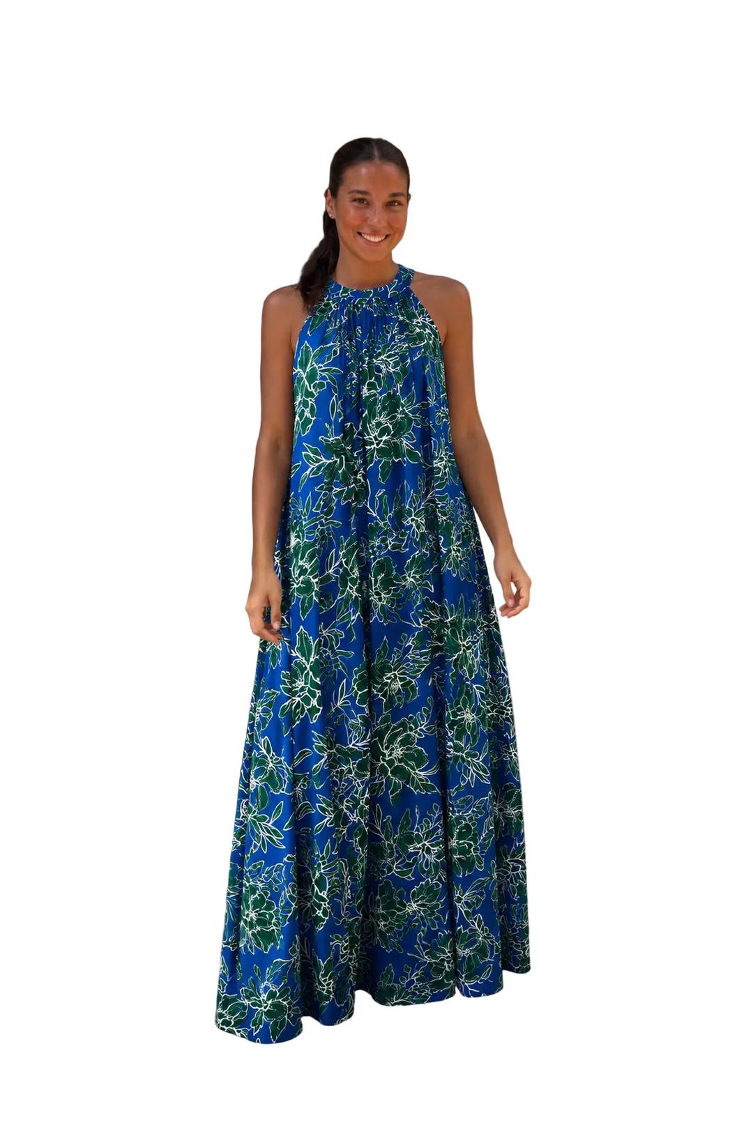 Entro Blue &amp; Green Floral Halter Maxi Dress | Women’s Resort &amp; Vacation Dress - Vintage Dragonfly Boutique