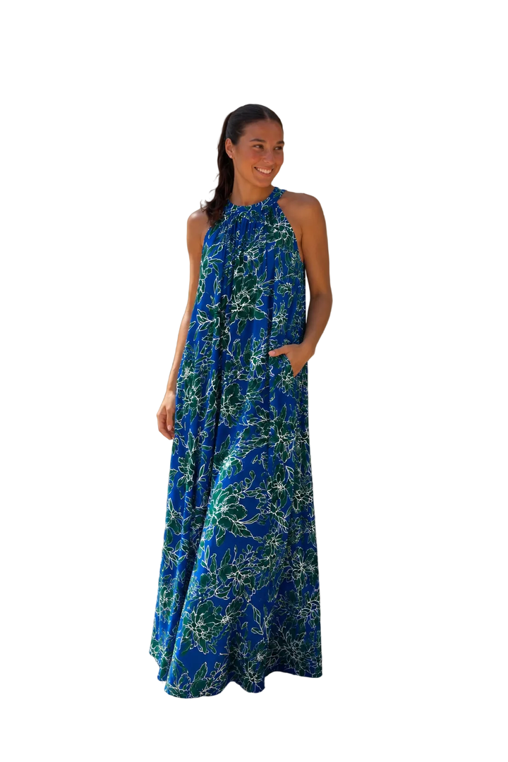 Entro Blue &amp; Green Floral Halter Maxi Dress | Women’s Resort &amp; Vacation Dress - Vintage Dragonfly Boutique
