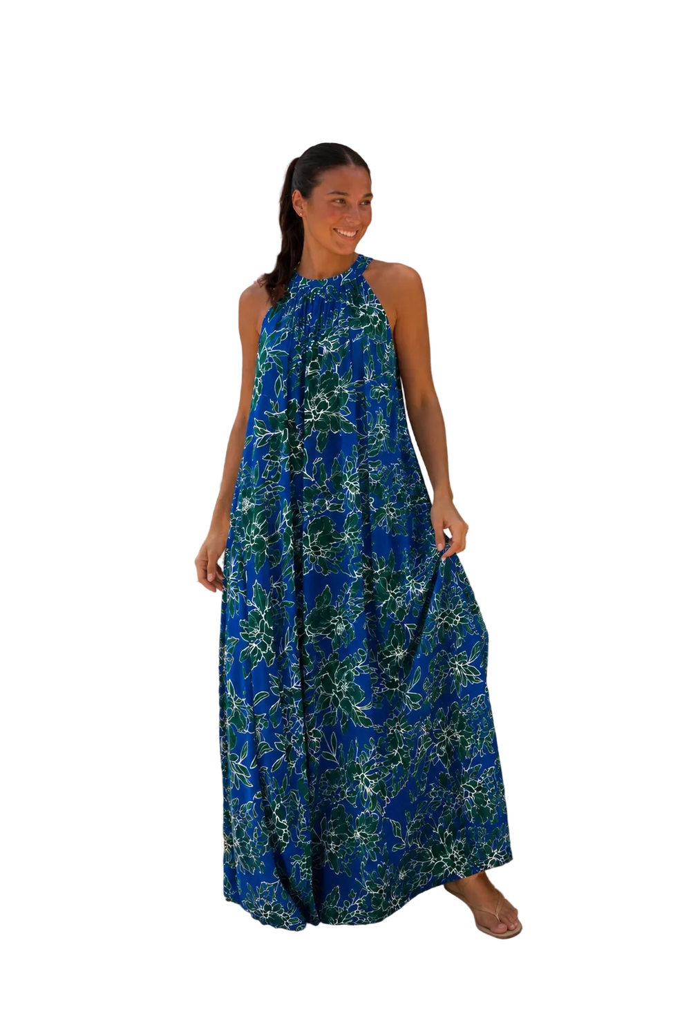 Entro Blue & Green Floral Halter Maxi Dress | Women’s Resort & Vacation Dress - Vintage Dragonfly Boutique