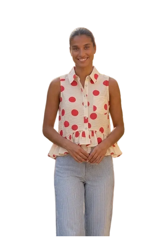 Entro Cream &amp; Red Polka Dot Ruffle Hem Sleeveless Top - Vintage Dragonfly Boutique