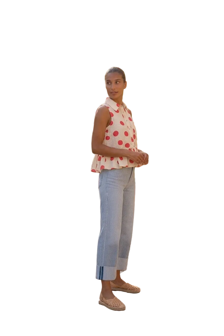 Entro Cream &amp; Red Polka Dot Ruffle Hem Sleeveless Top - Vintage Dragonfly Boutique