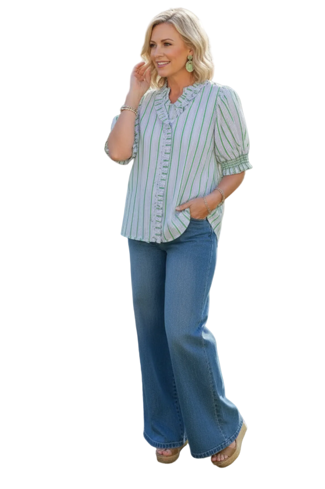 Entro Green Stripe Ruffle Trim Puff Sleeve Button Front Top - Vintage Dragonfly Boutique