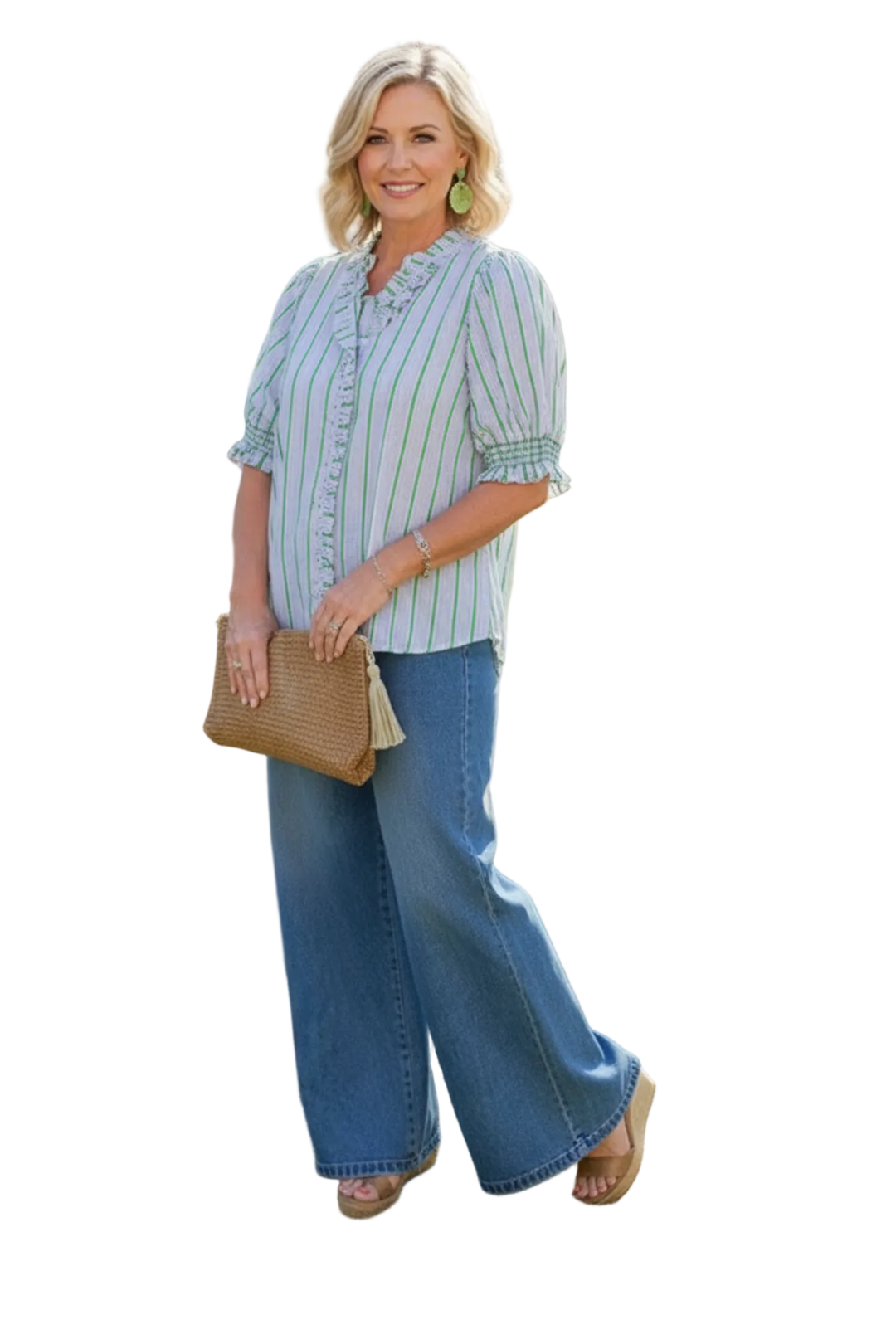 Entro Green Stripe Ruffle Trim Puff Sleeve Button Front Top - Vintage Dragonfly Boutique