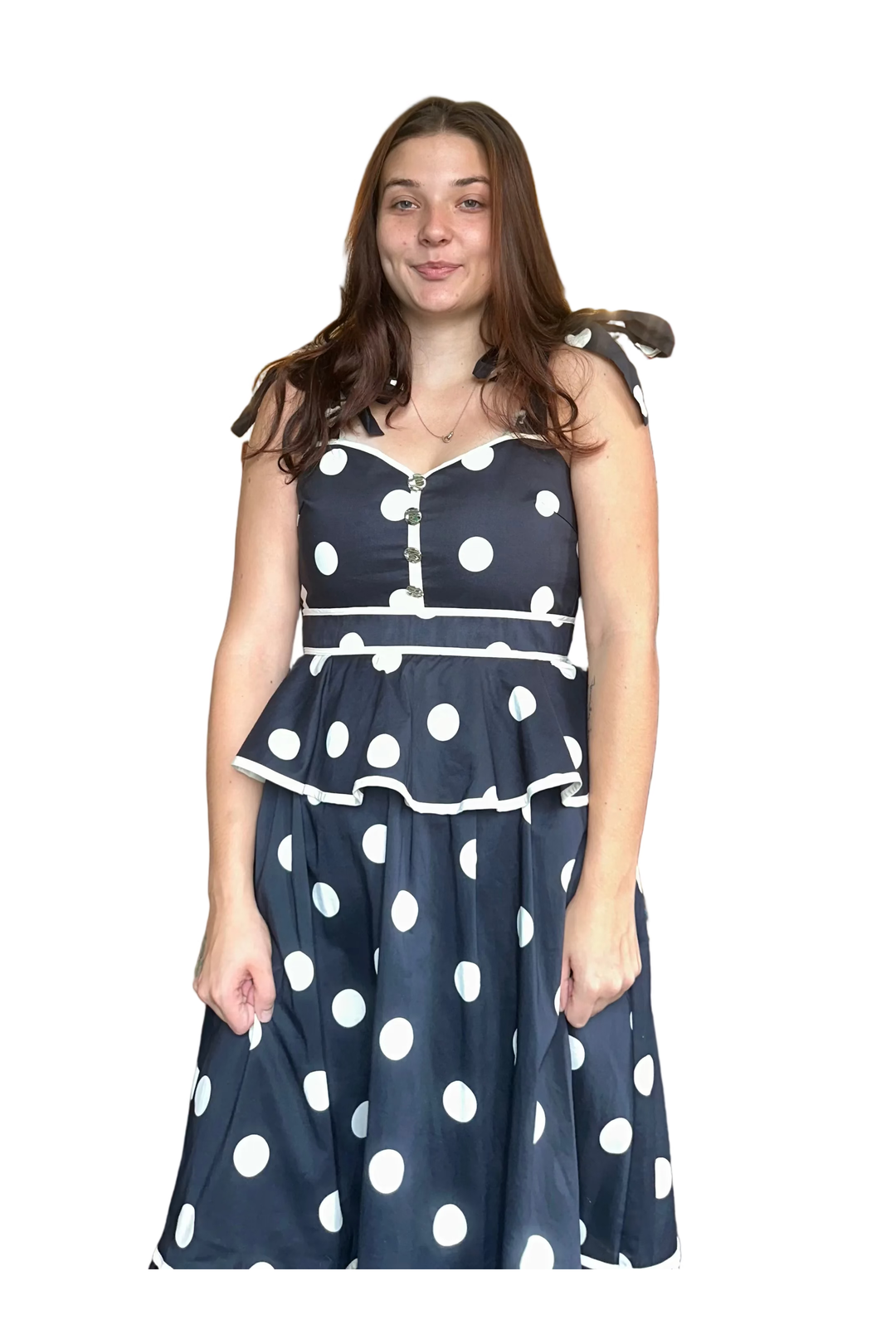 Entro Black and White Polka Dot Peplum Midi Dress