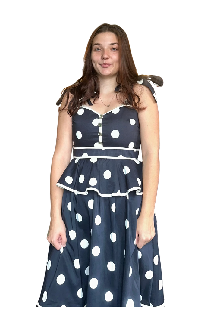 Entro Black and White Polka Dot Peplum Midi Dress