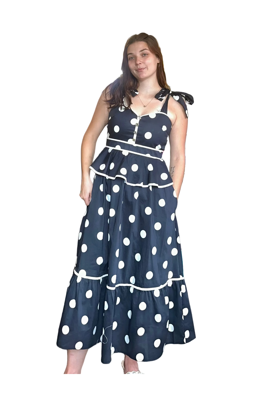 Entro Black and White Polka Dot Peplum Midi Dress