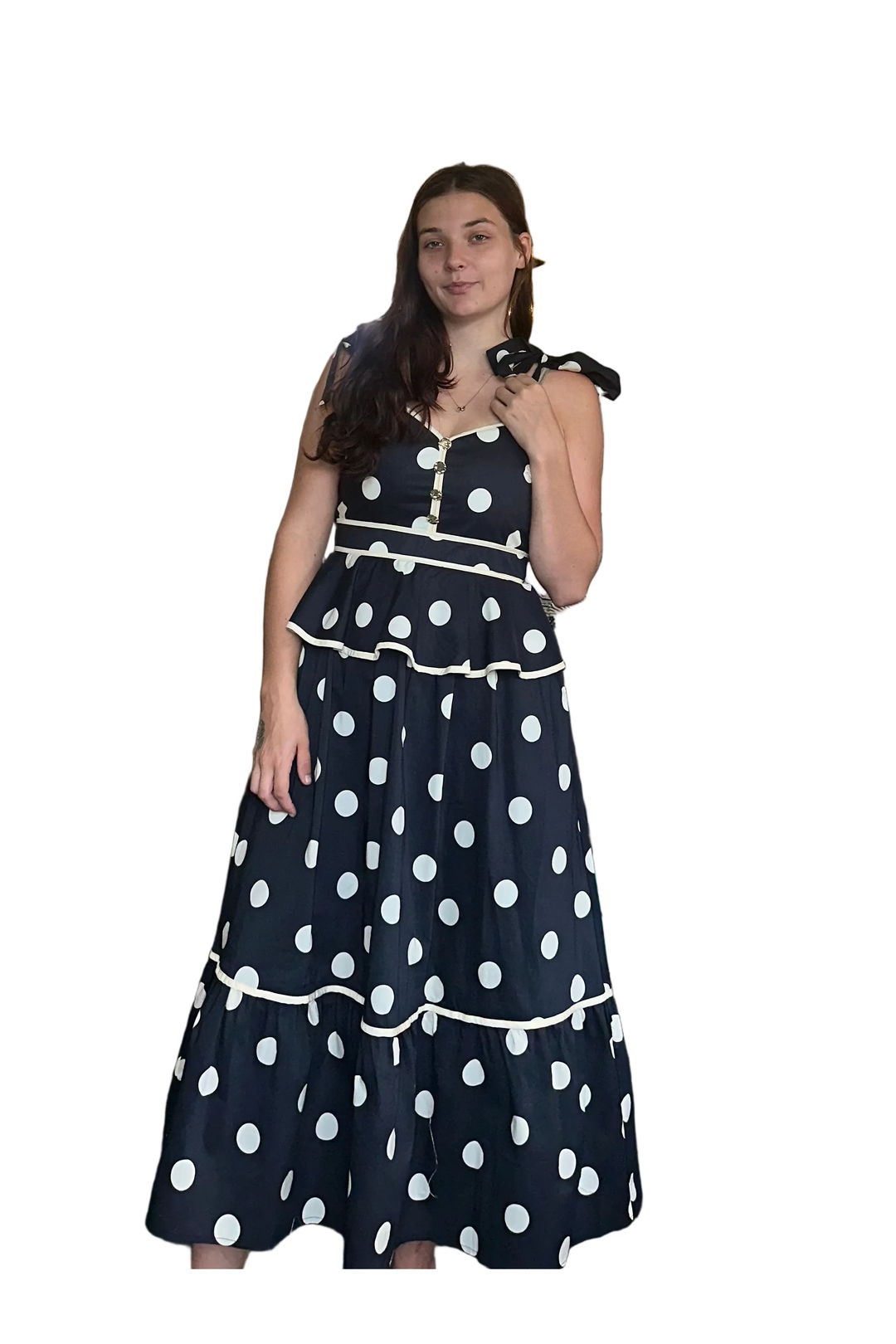 Entro Black and White Polka Dot Peplum Midi Dress