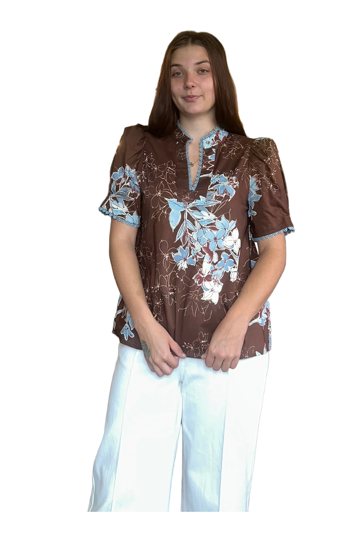 Entro Brown Floral Ruffle Neck Blouse | Women’s Fall Top - Vintage Dragonfly Boutique